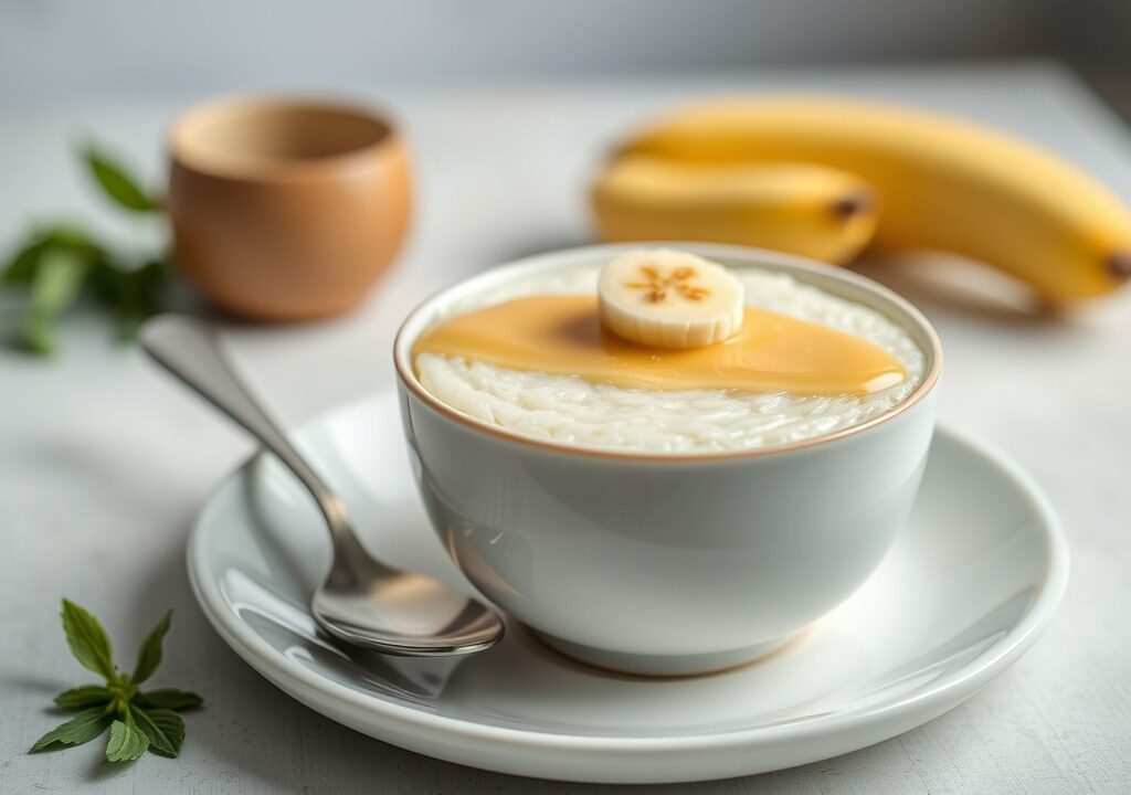 Kokos- gember-rijstevlaai met banaansiroop, AI-gegenereerde illustratie