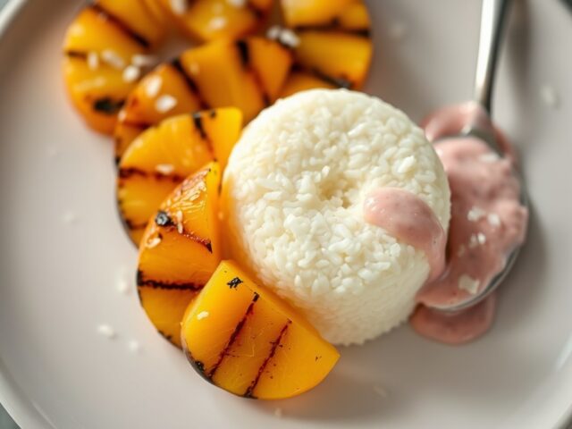 Kokos-rijstkoekje met gegrilde ananas, aardbeien-yoghurt