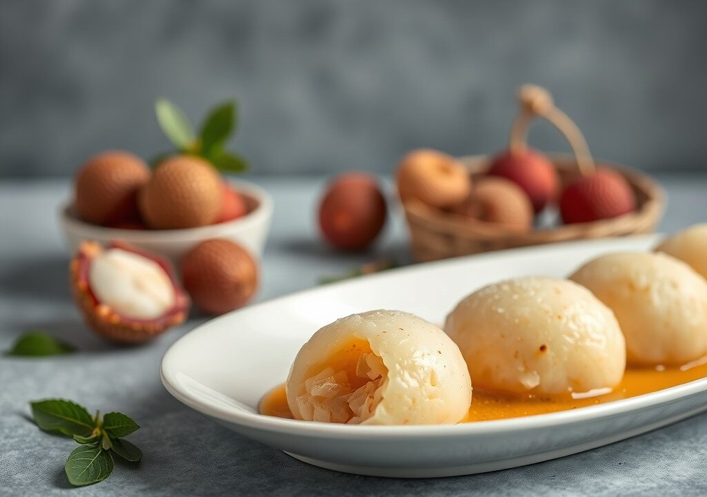 Kokosflensjes met lychees, AI-gegenereerde illustratie