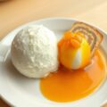 Kokosijs met spekkoek en passiefrucht