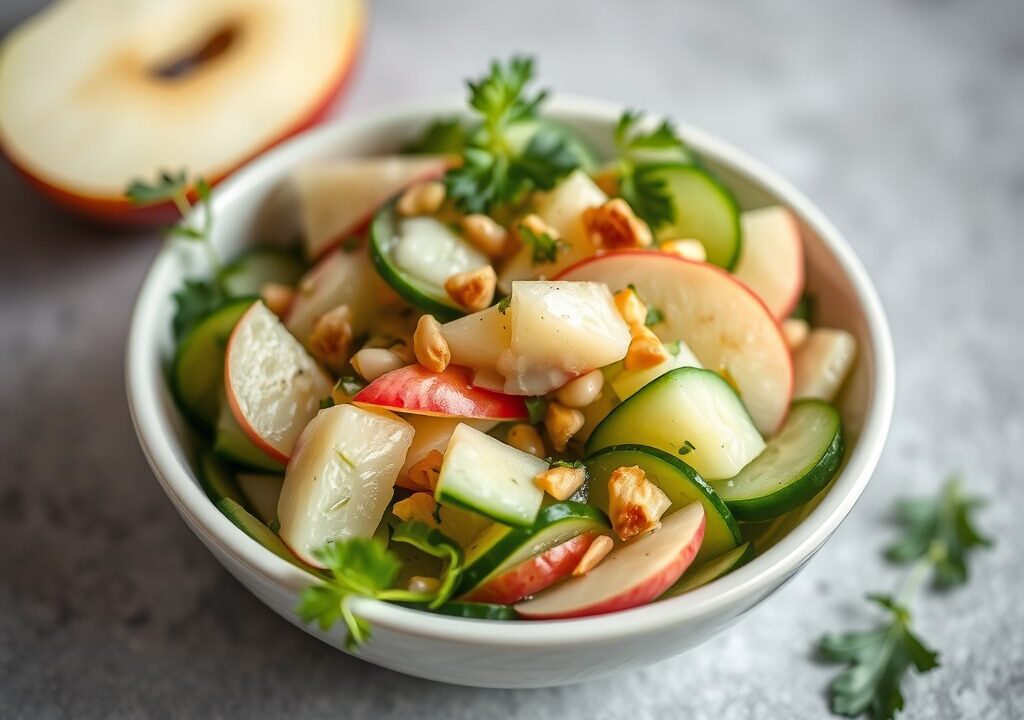 Komkommer en Appel Salade, AI-gegenereerde illustratie