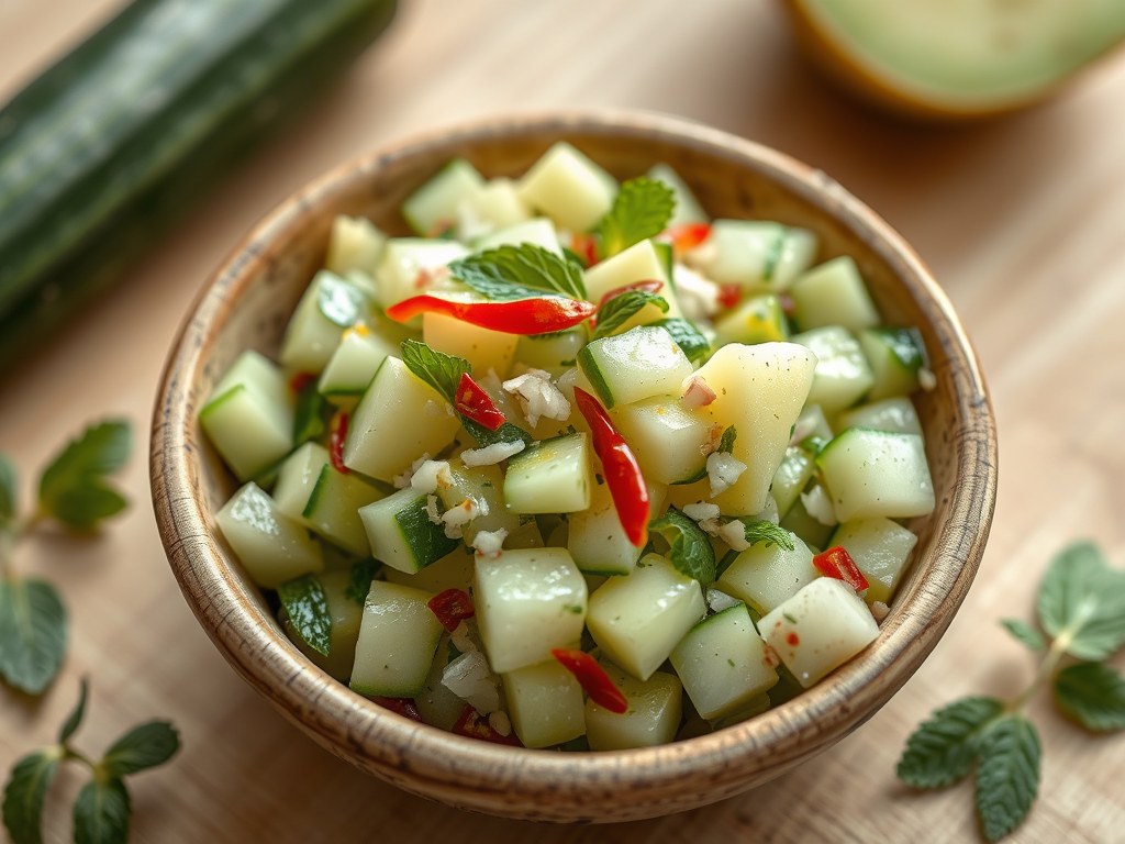 Komkommer en Appel Salsa, AI-gegenereerde illustratie