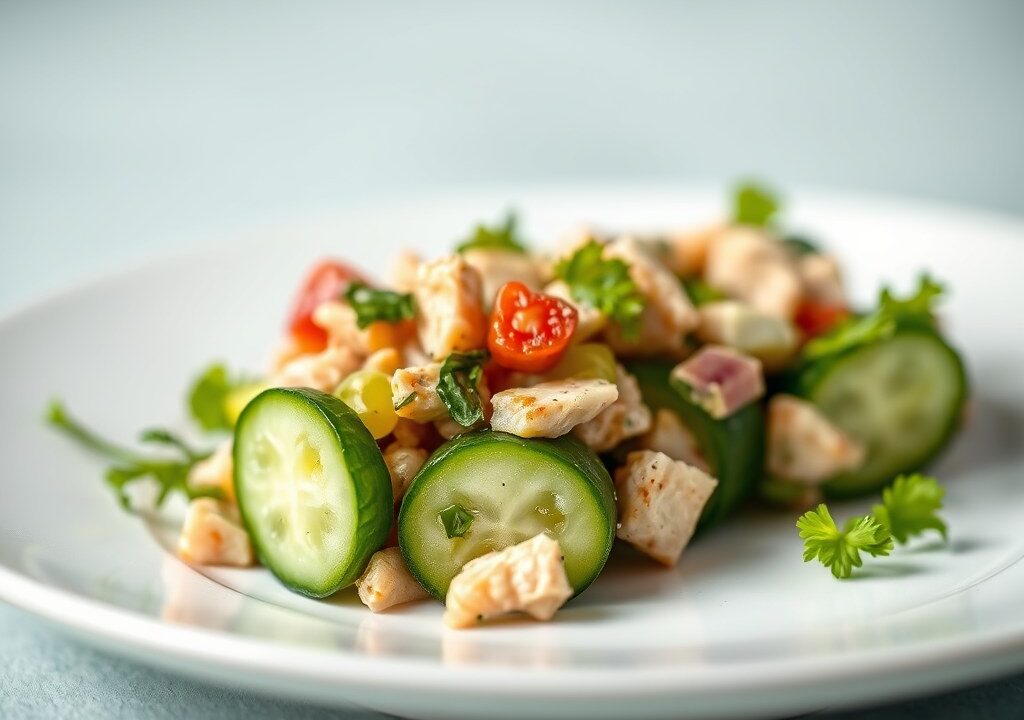 Komkommer met kip-saté en tonijnsalade, AI-gegenereerde illustratie
