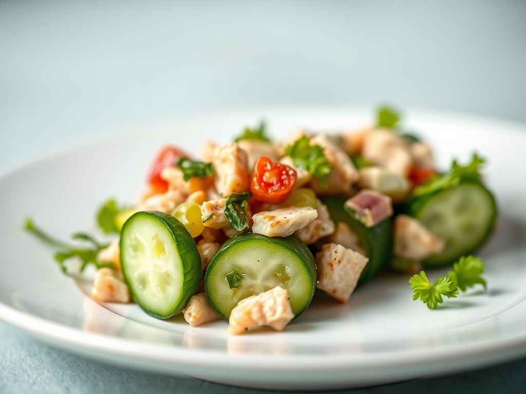 Komkommer met kip-saté en tonijnsalade, AI-gegenereerde illustratie