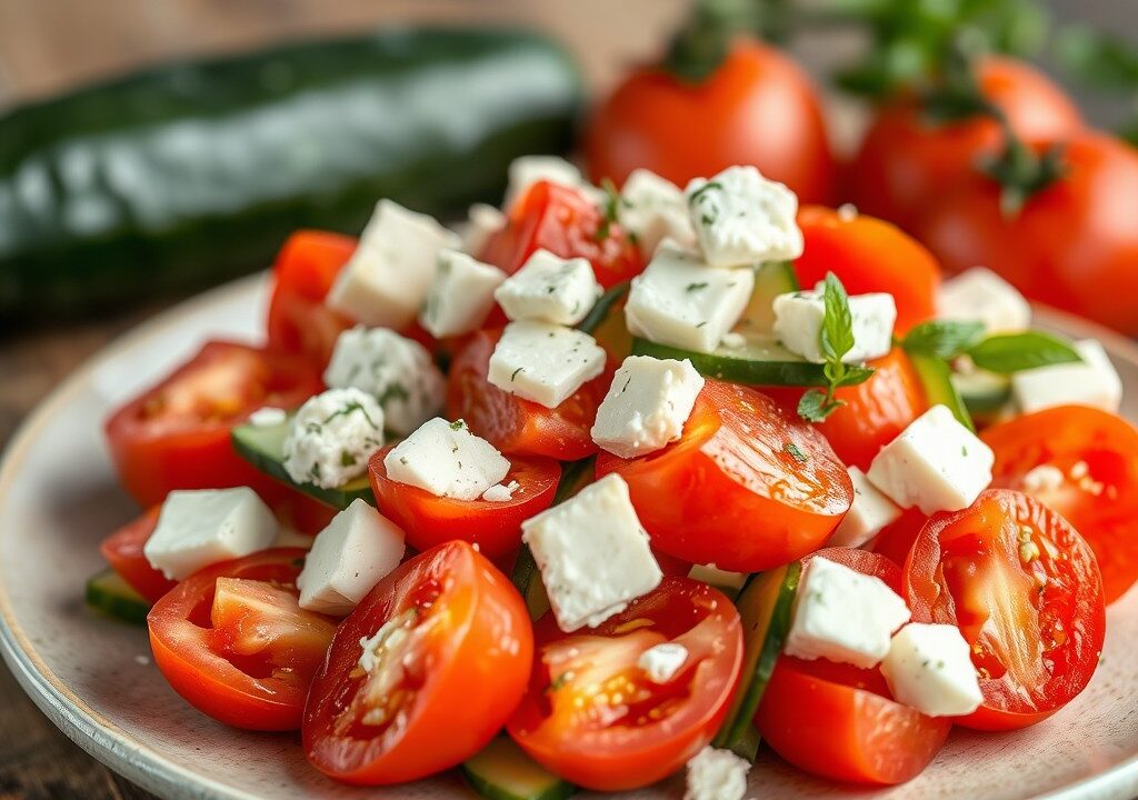Komkommer Tomaat salade met Feta kaas — AI-gegenereerde illustratie