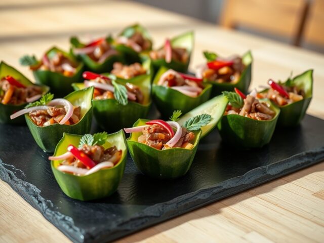 Komkommerbakjes met Thaise biefstuksalade