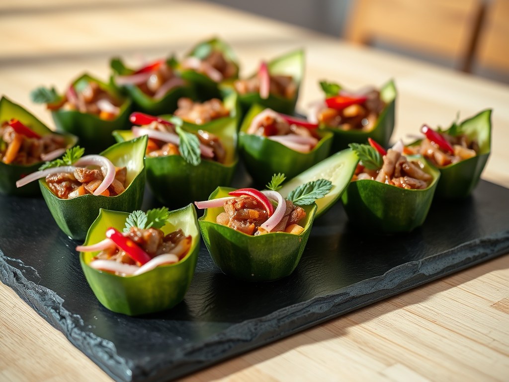 Komkommerbakjes met Thaise biefstuksalade, AI-gegenereerde illustratie