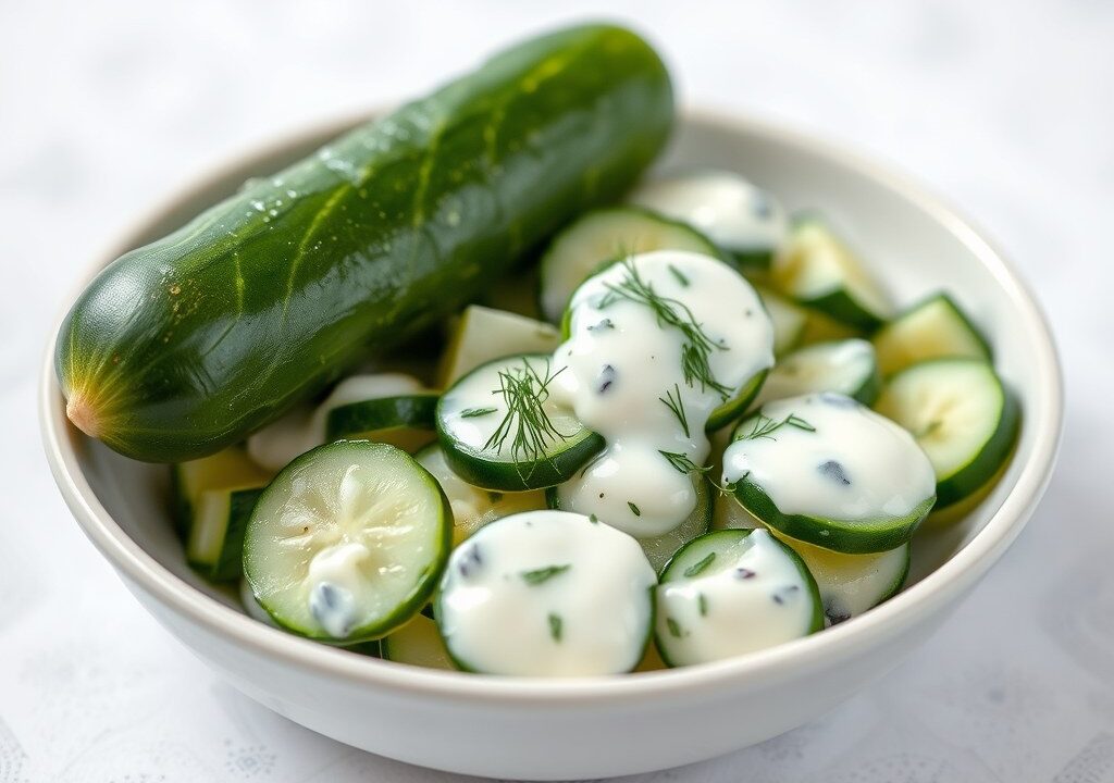 Komkommersalade met dillesaus, AI-gegenereerde illustratie