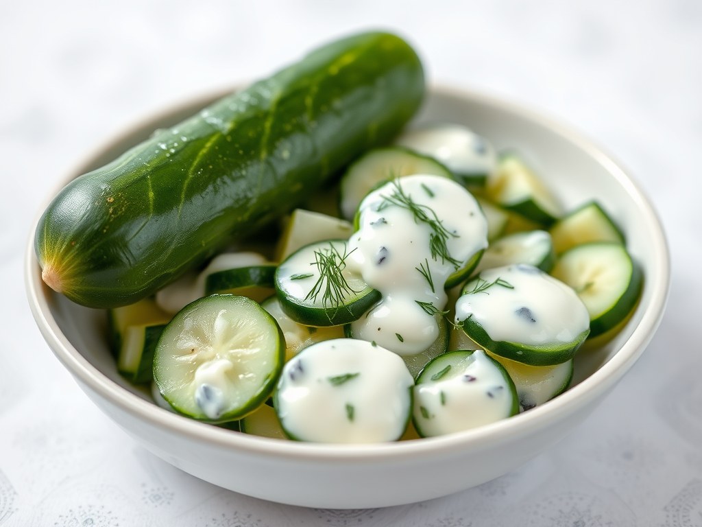 Komkommersalade met dillesaus, AI-gegenereerde illustratie