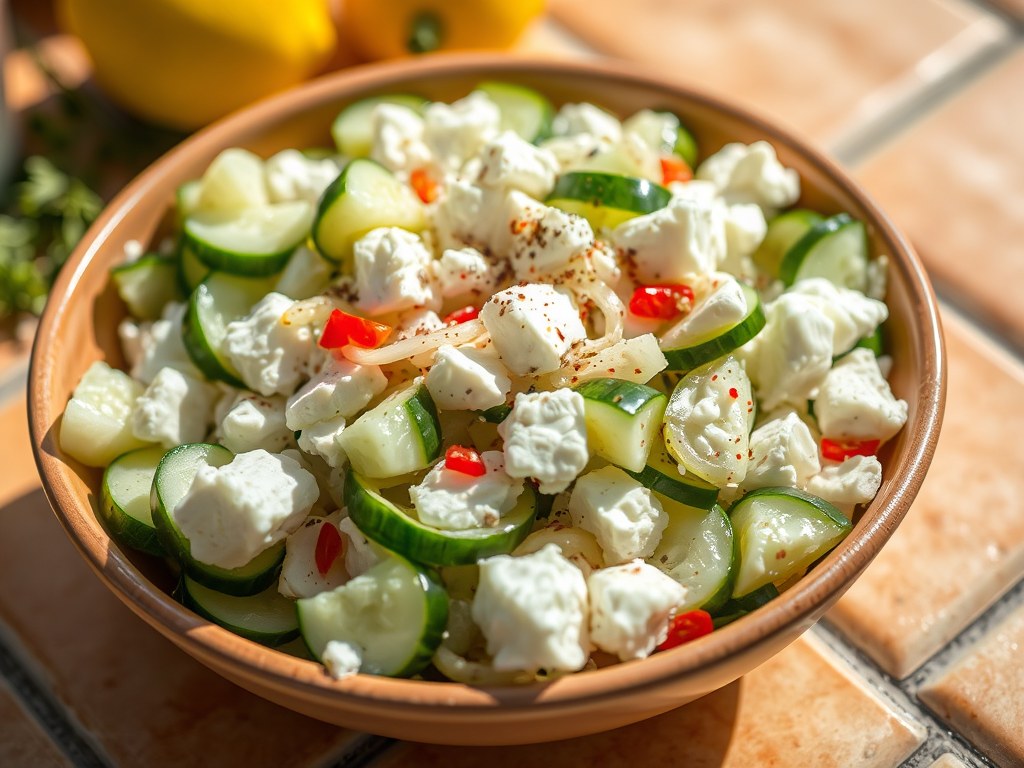 Komkommersalade met witte kaas uit Egypte, AI-gegenereerde illustratie