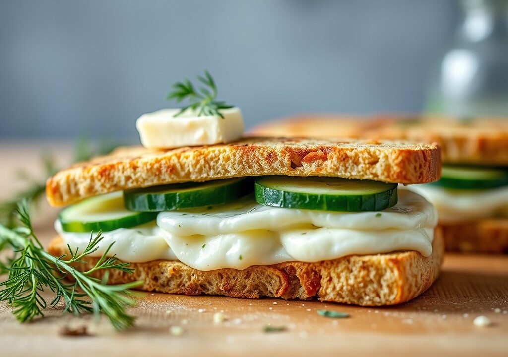Komkommersandwiches met dilleboter, AI-gegenereerde illustratie
