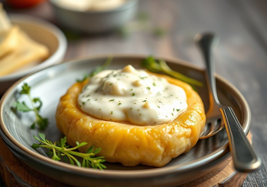 Konijnenbout met Roquefort saus, AI-gegenereerde illustratie