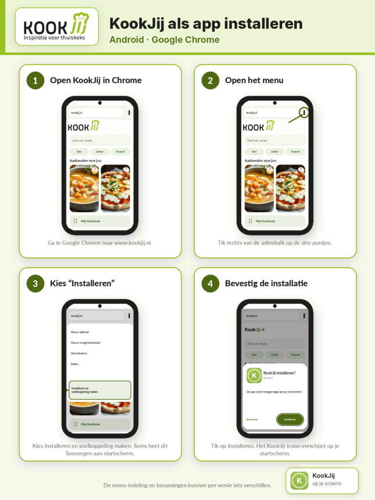 Vier stappen om KookJij.nl via Google Chrome als webapp op een Android-apparaat te installeren.