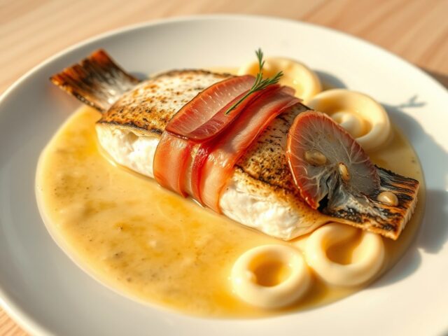 Koolvis in de oven met gedroogde ham met mosterdsaus