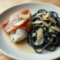 Koolvis in een jasje van gedroogde ham met zwarte pasta
