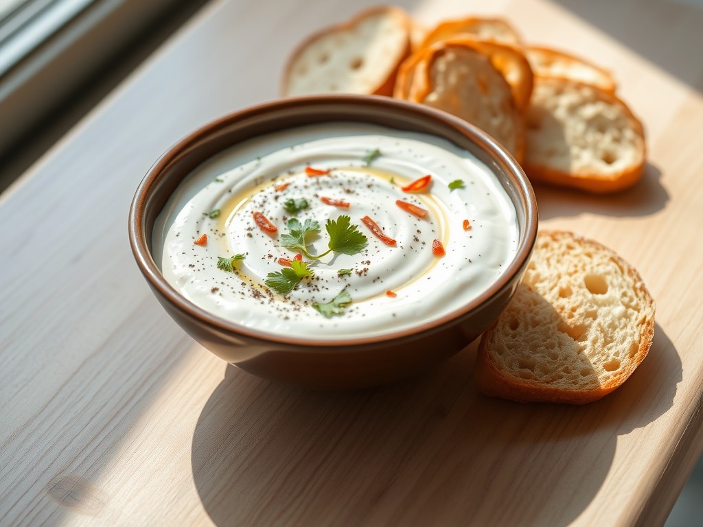 Koriander-peper-tzatziki met brood, AI-gegenereerde illustratie