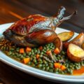Kornhoen met linzen en sinaasappelsaus