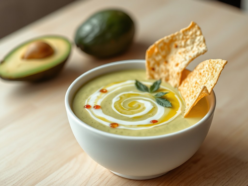 Koude avocadosoep, AI-gegenereerde illustratie
