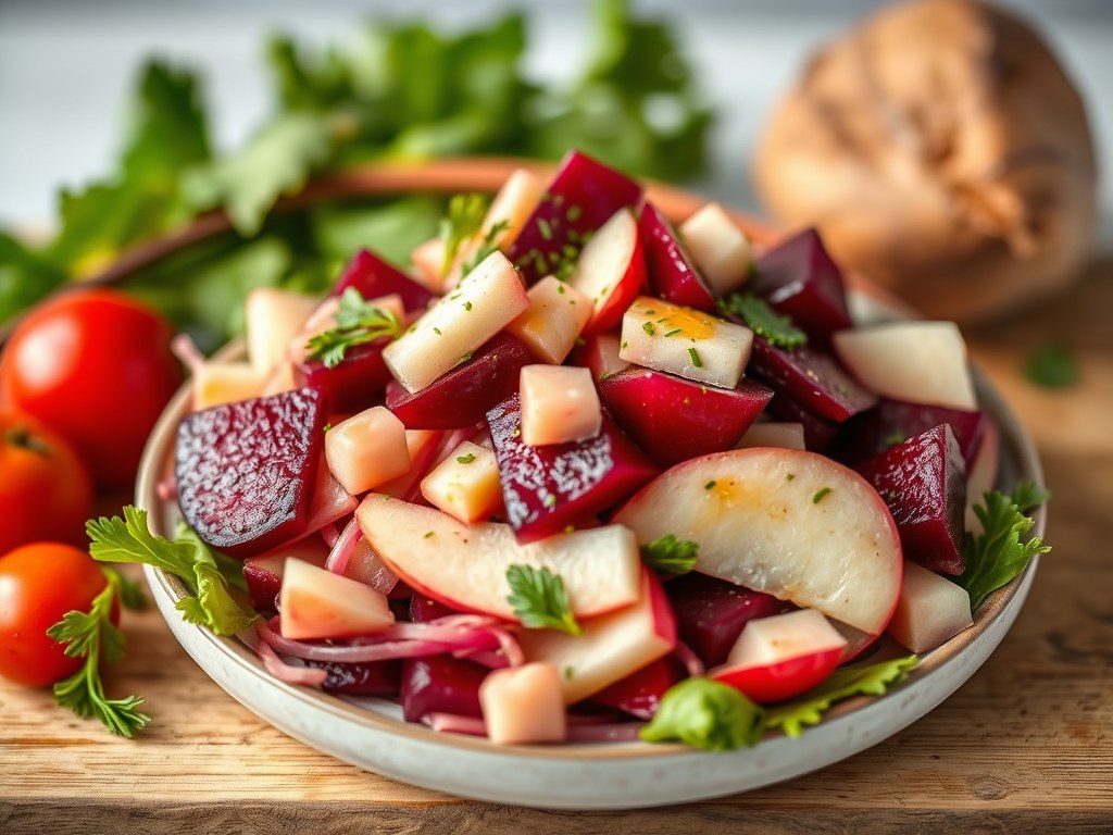 koude bietensalade met haring stokbrood, AI-gegenereerde illustratie