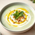 Koude komkommersoep met pistachenoten en munt