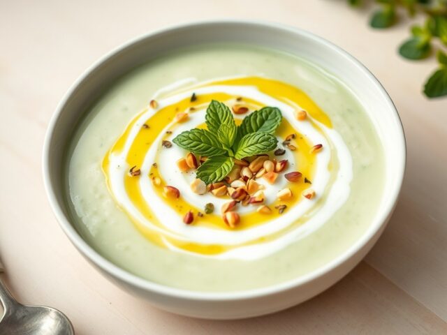 Koude komkommersoep met pistachenoten en munt