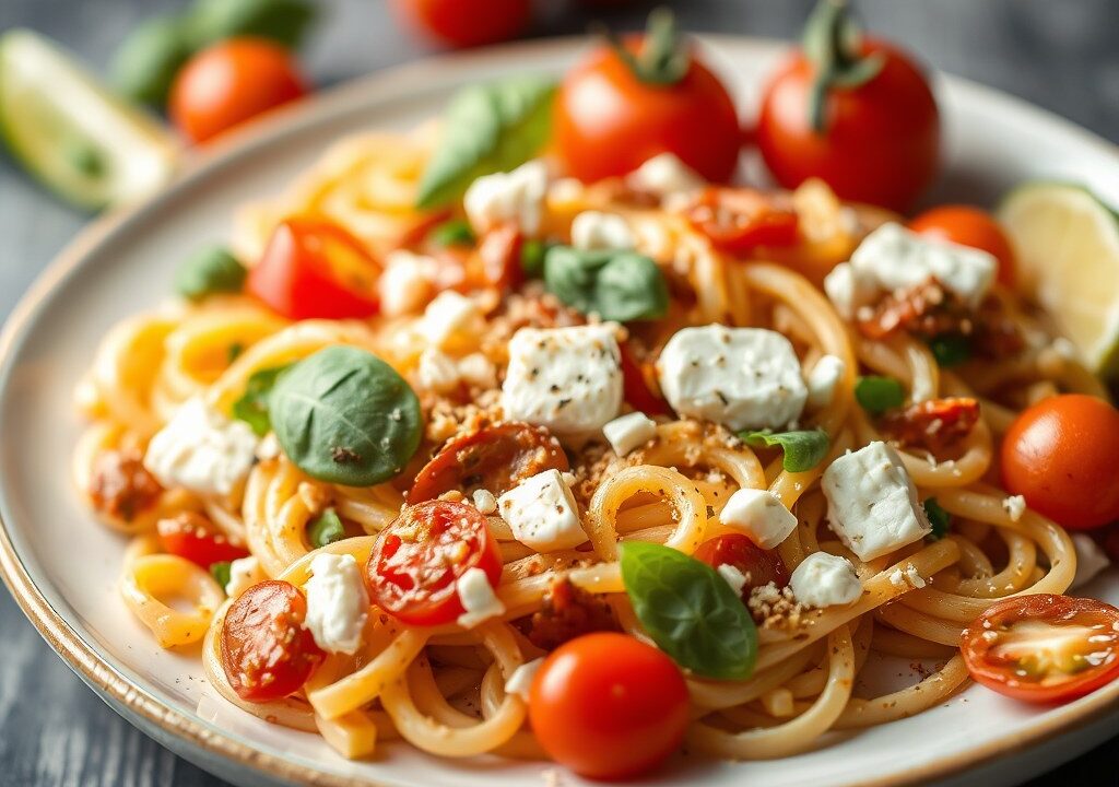 Koude Pastasalade met Geitenkaas, AI-gegenereerde illustratie