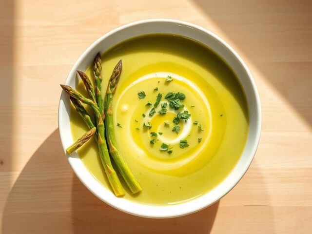 Koude soep van courgettes en gebakken asperges
