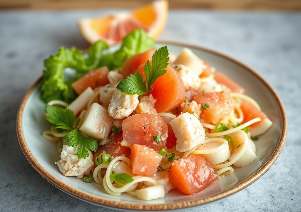 Krab, palmhart en Florida grapefruit salade — AI-gegenereerde illustratie