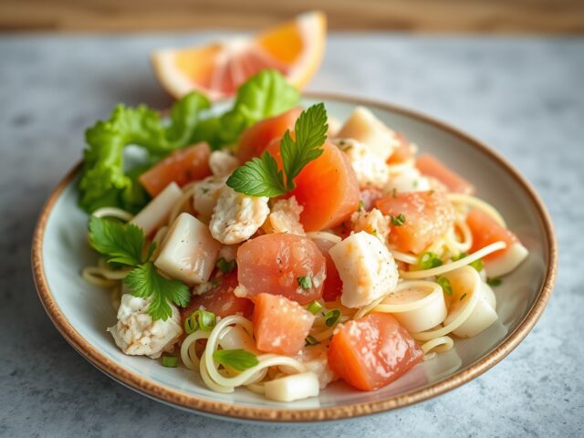 Krab, palmhart en Florida grapefruit salade — AI-gegenereerde illustratie
