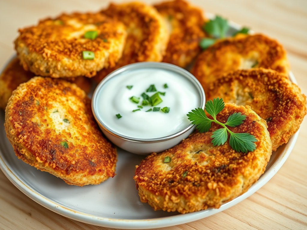 Krabkoekjes met yoghurt dipsaus, AI-gegenereerde illustratie