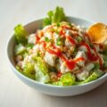 Krabsalade met groene sla en pittige gedroogde tomatensaus