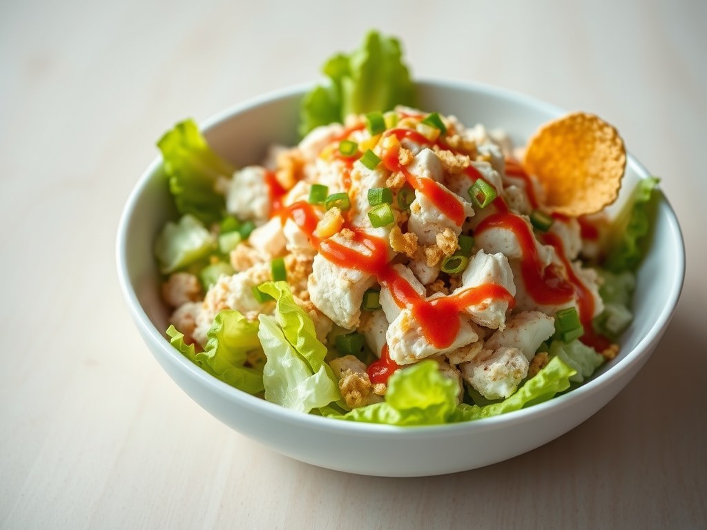 Krabsalade met groene sla en pittige gedroogde tomatensaus, AI-gegenereerde illustratie