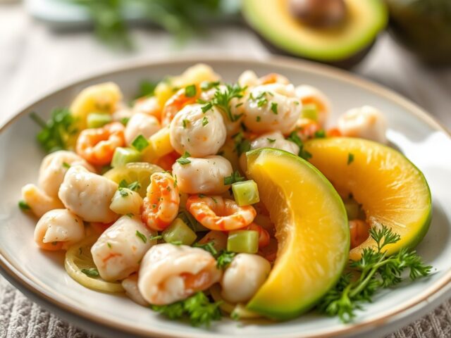 Krabsalade met viooltjes,avocadoroom en meloen