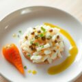 Krabtartaar met dragon, wortelconfit en saffraanol