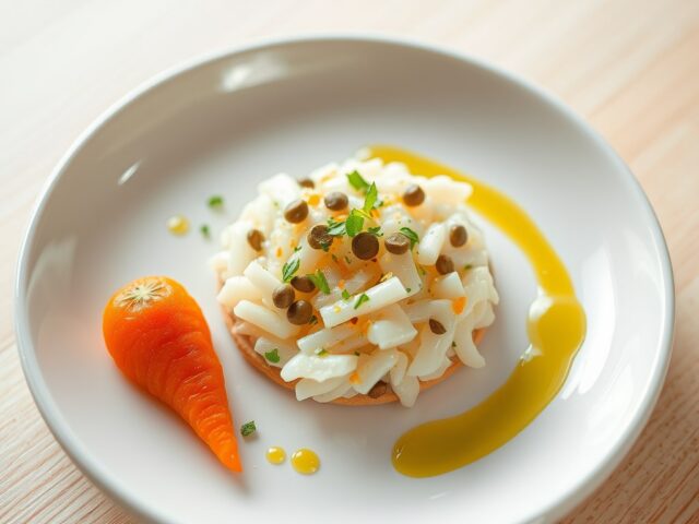 Krabtartaar met dragon, wortelconfit en saffraanol