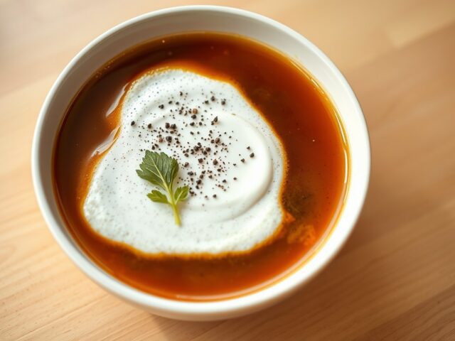 Krachtige runderbouillon bedekt met een schuimig l