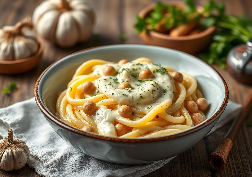 Kreeft met pasta in bloemkoolcrème, AI-gegenereerde illustratie