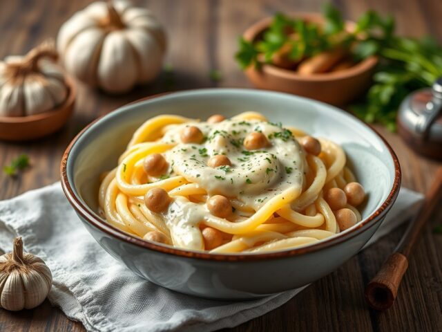 Kreeft met pasta in bloemkoolcrème — AI-gegenereerde illustratie