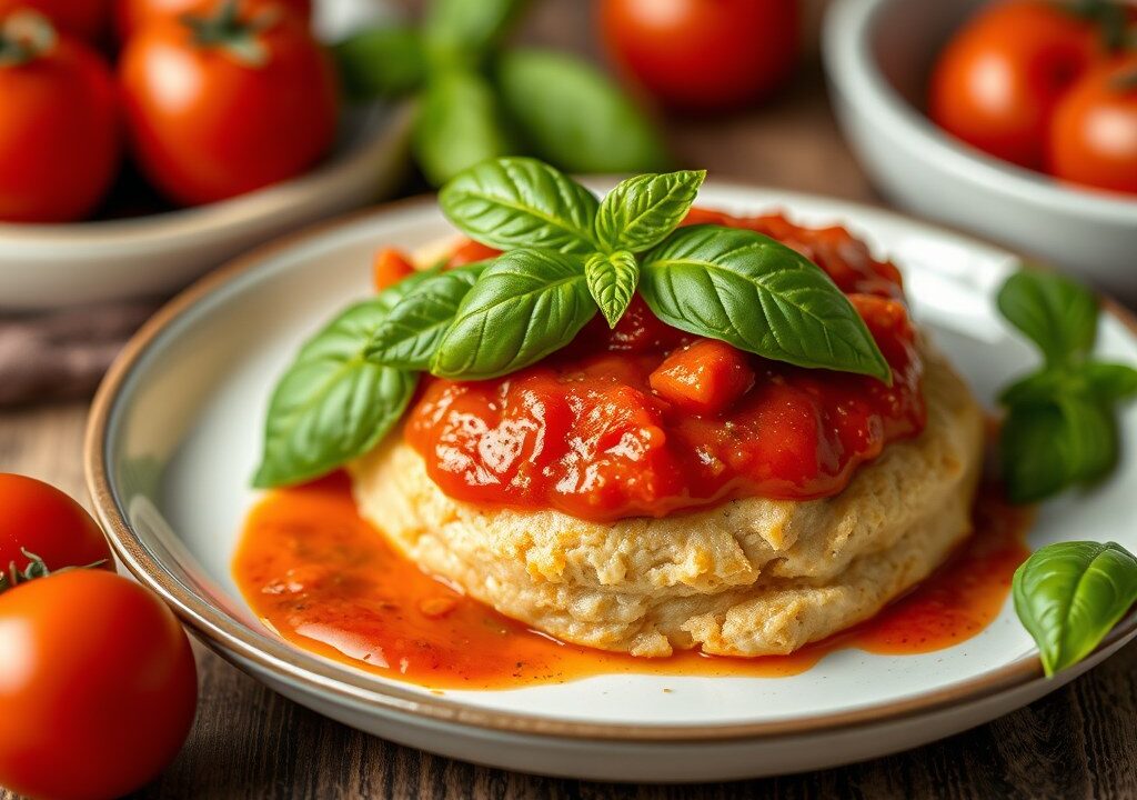 Kreeft met pomodori-saus en basilicum, AI-gegenereerde illustratie