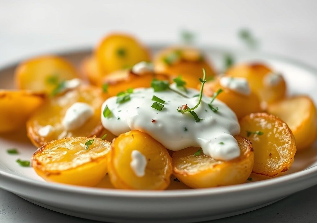 Krielaardappeltjes met tzatziki, AI-gegenereerde illustratie