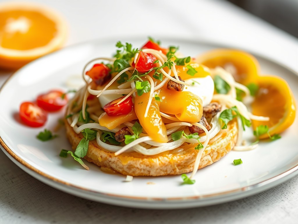 Krokant filotaartje met camembert, abrikozensalsa en taugésalade, AI-gegenereerde illustratie