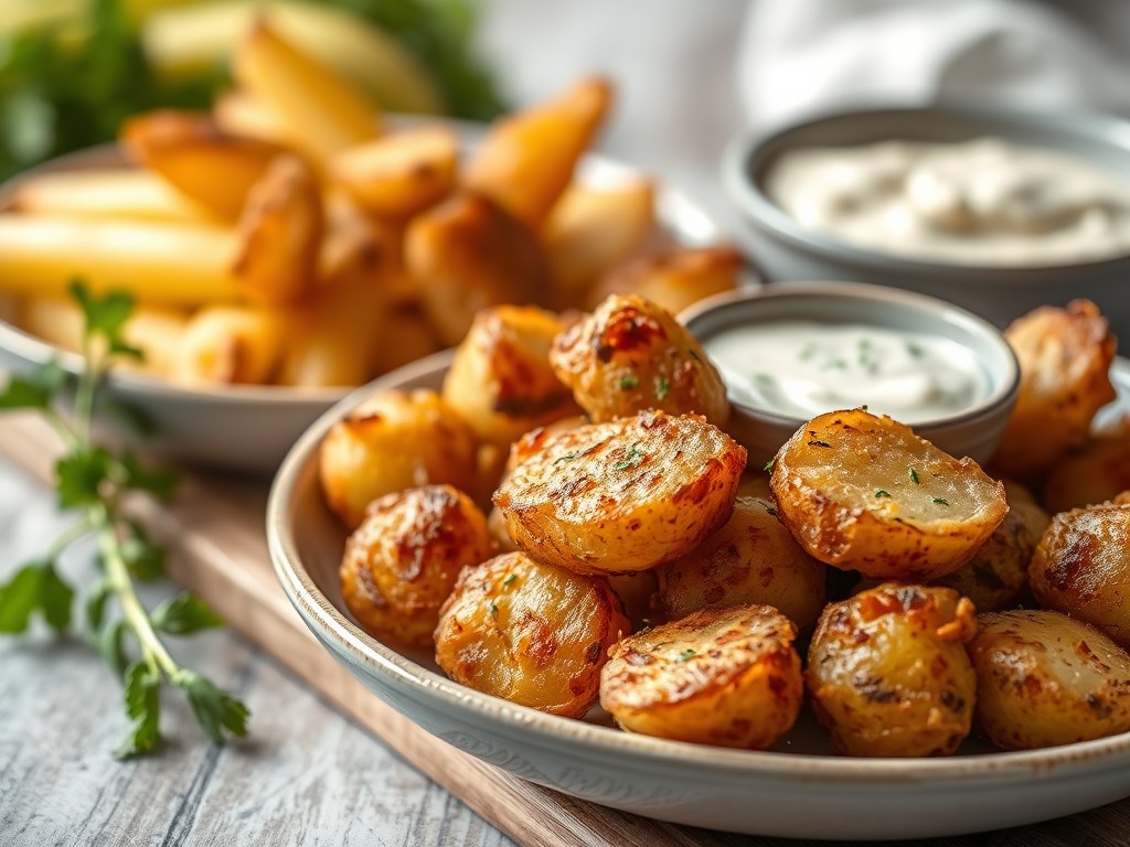 Krokant gebakken aardappeltjes, AI-gegenereerde illustratie