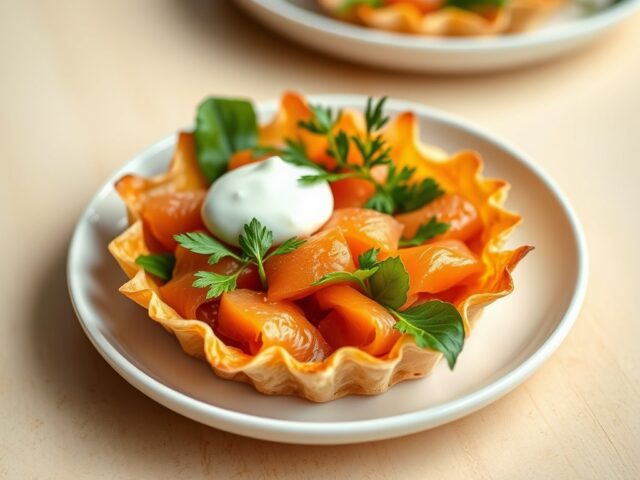 Krokant taartje van filodeeg met gerookte zalm en