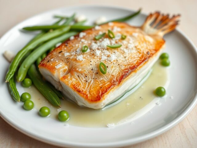 Krokante dorade met komkommerjus