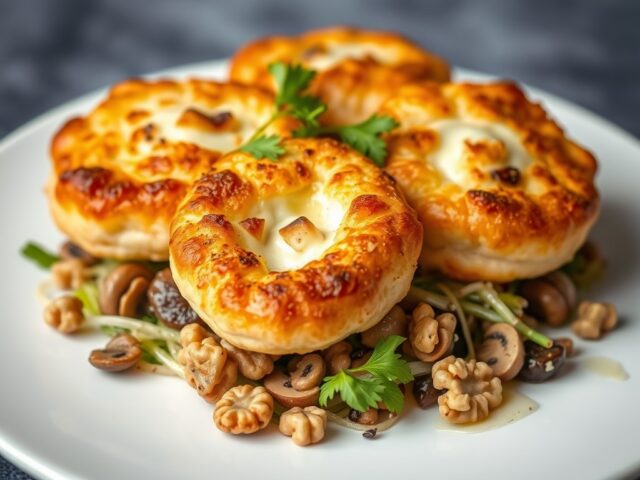 Krokante kaaspasteitjes op paddestoelensalade