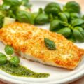 Krokante, kruidige vis met basilicumsalade