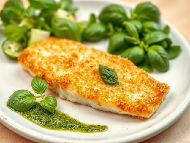 Krokante, kruidige vis met basilicumsalade