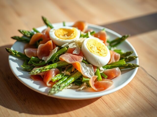 Krokante Parmaham en aspergesalade