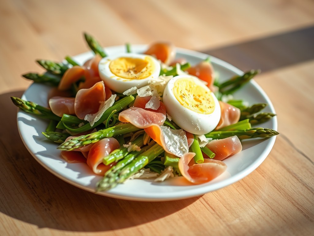 Krokante Parmaham en aspergesalade, AI-gegenereerde illustratie