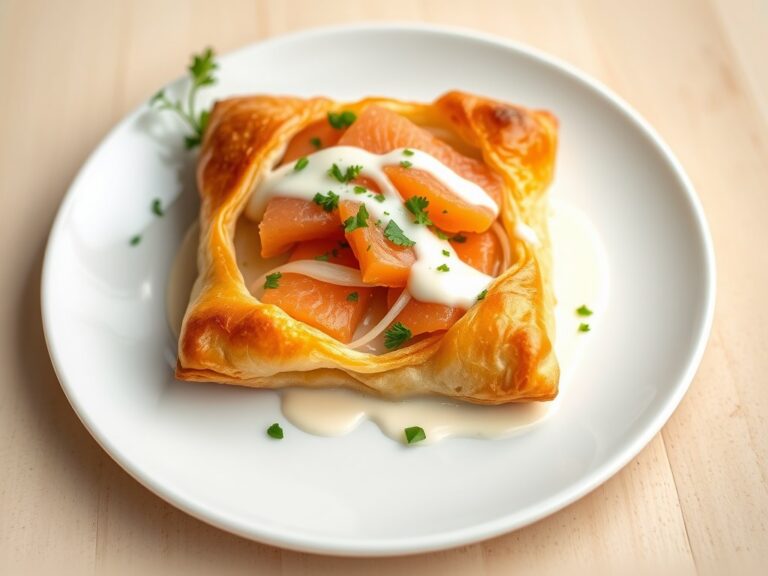 Krokantje van bladerdeeg met zalm en venkel